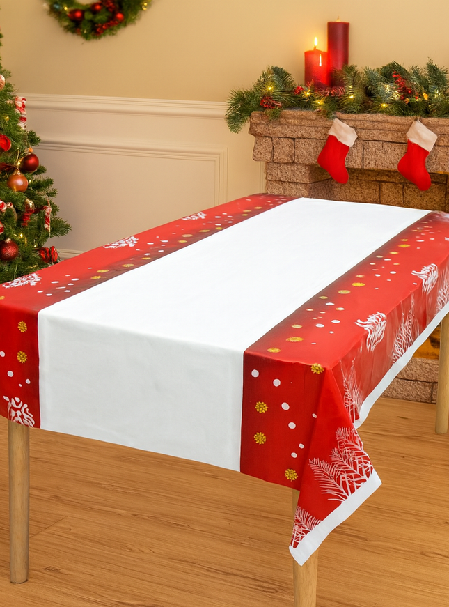 Fata de masa dreptunghiulara, pentru Craciun, din PVC, 2.5 mm grosime, imprimeu Merry Christmas, 180 x 108 cm