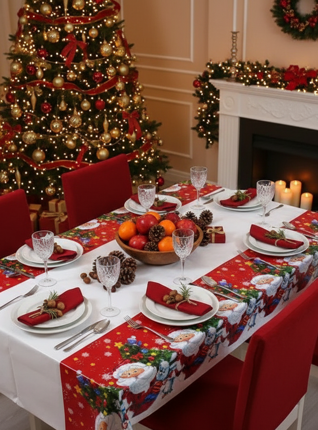 Fata de masa dreptunghiulara, din PVC, pentru Craciun, 2.5 mm grosime, imprimeu Mos Craciun cu iepuras, 180 x 108 cm