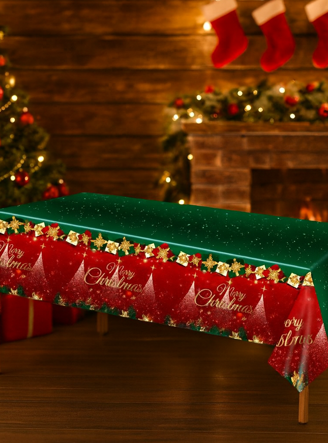 Fata de masa festiva, dreptunghiulara, pentru Craciun, model Merry Christmas, din PVC, 137 x 274 cm, Rosu / Verde
