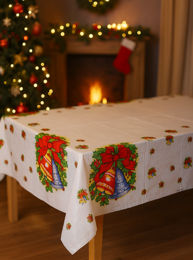 Fata de masa dreptunghiulara, pentru Craciun, din PVC, 2.5 mm grosime, imprimeu clopotei, 180 x 108 cm