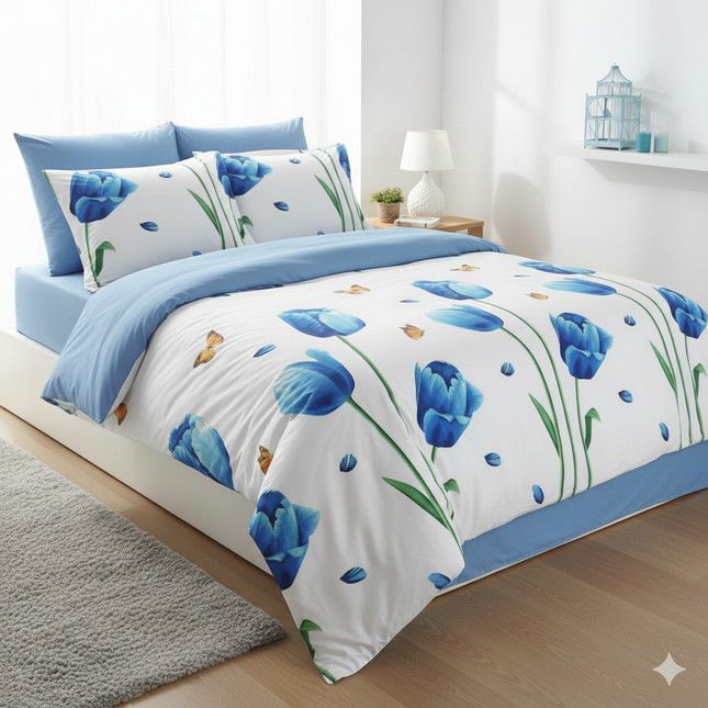 Lenjerie de pat deluxe, din bumbac ranforce 100%, model "Lorraine", cu imprimeu, din 4 piese