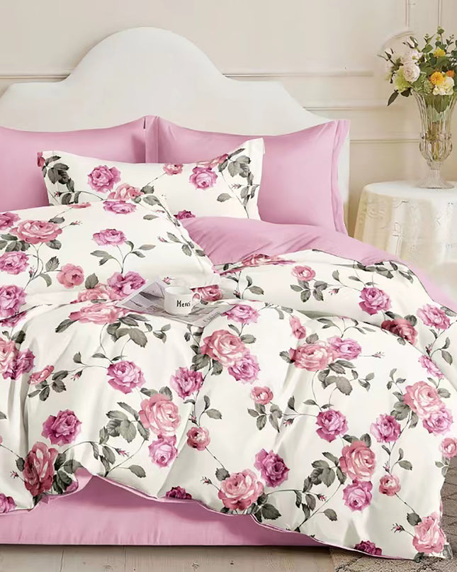 Lenjerie de pat percalle imprimat, bumbac 100%, King Size, din 6 piese cu husa, cearceaf cu elastic (PRC161)