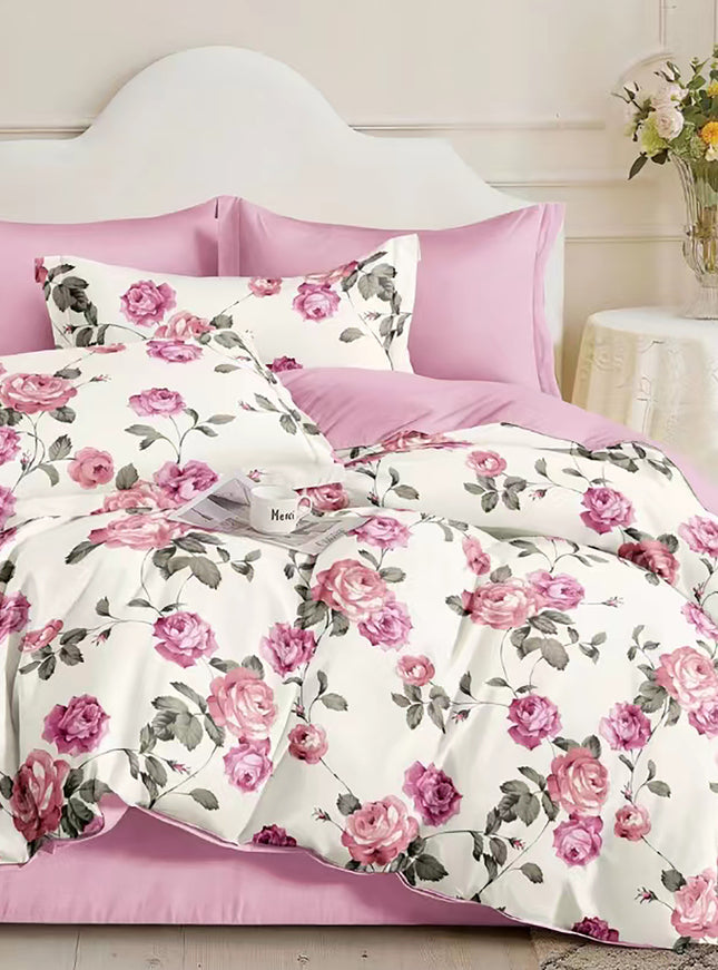 Lenjerie de pat percalle imprimat, bumbac 100%, King Size, din 6 piese cu husa, cearceaf cu elastic (PRC161)