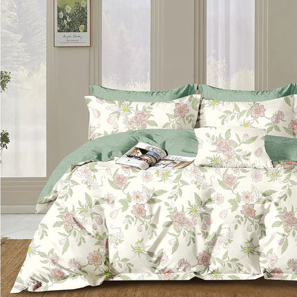 Lenjerie de pat percalle imprimat, bumbac 100%, King Size, din 6 piese cu husa, cearceaf cu elastic (PRC177)