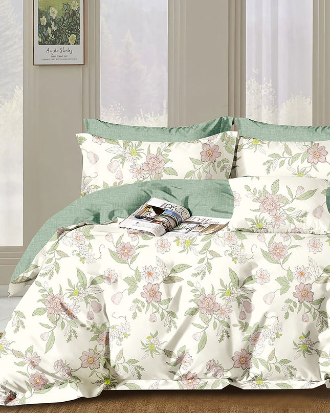 Lenjerie de pat percalle imprimat, bumbac 100%, King Size, din 6 piese cu husa, cearceaf cu elastic (PRC177)