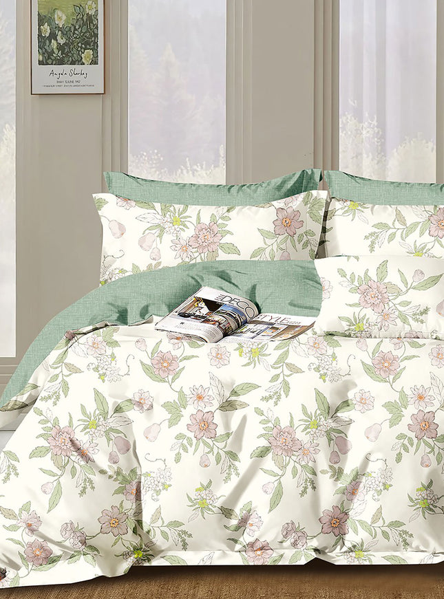 Lenjerie de pat percalle imprimat, bumbac 100%, King Size, din 6 piese cu husa, cearceaf cu elastic (PRC177)