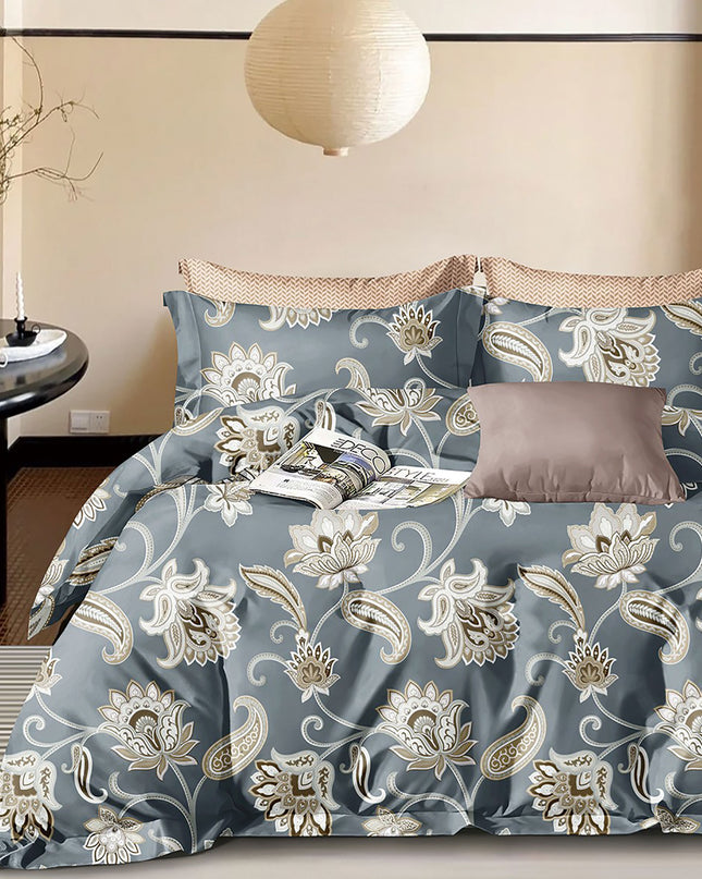 Lenjerie de pat percalle imprimat, bumbac 100%, King Size, din 6 piese cu husa, cearceaf cu elastic (PRC197)
