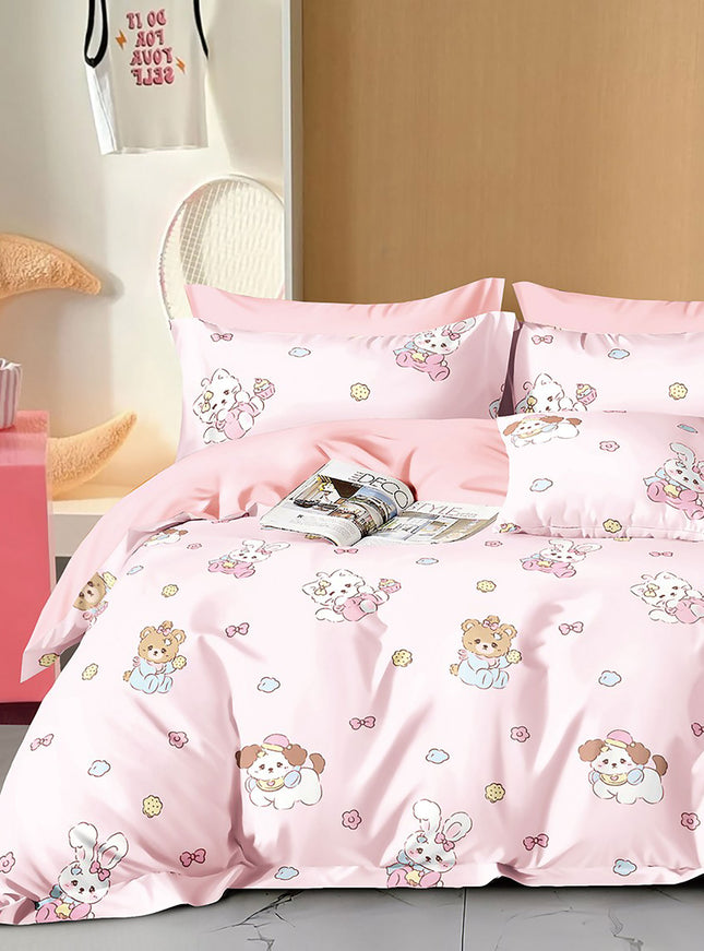 Lenjerie de pat percalle imprimat, bumbac 100%, King Size, din 6 piese cu husa, cearceaf cu elastic (PRC203)