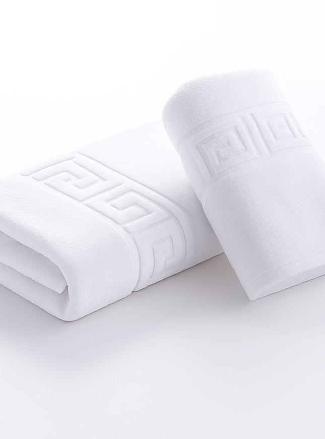Prosop cu agatatoare, model Greek border (50x90cm) – 700g/m2, 100% bumbac, fir dublu, Alb