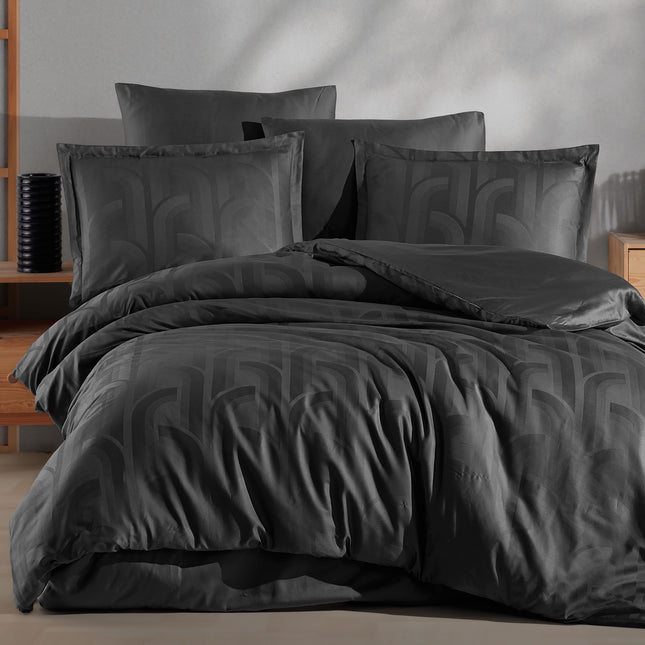 Lenjerie de pat premium, JAQUARD, din bumbac 100%, model "Camille", cu imprimeu, din 6 piese, Negru