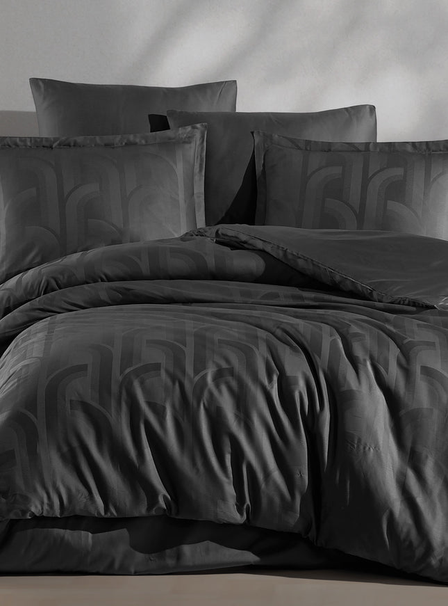 Lenjerie de pat premium, JAQUARD, din bumbac satinat 100%, model "Camille", cu imprimeu, din 6 piese, King Size, Negru