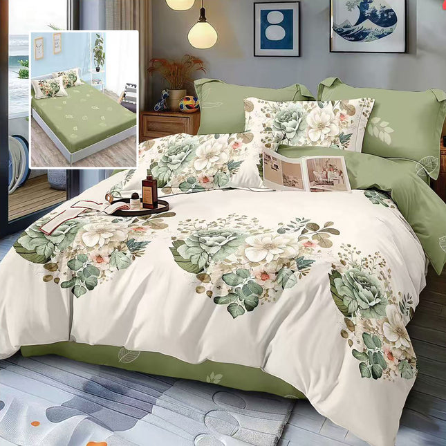 Lenjerie de pat, din bumbac finet, model "Mirabella", cu imprimeu, din 6 piese cu husă, cearceaf cu elastic