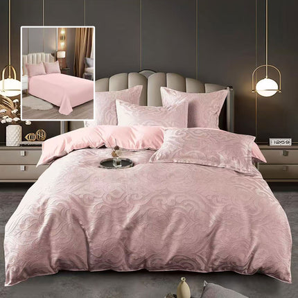 Lenjerie de pat Jaquard, din 6 piese, King Size, cutie cadou, 70% bumbac, 30% policoton, Roz deschis