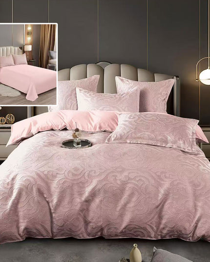 Lenjerie de pat Jaquard, din 6 piese, King Size, cutie cadou, 70% bumbac, 30% policoton, Roz deschis