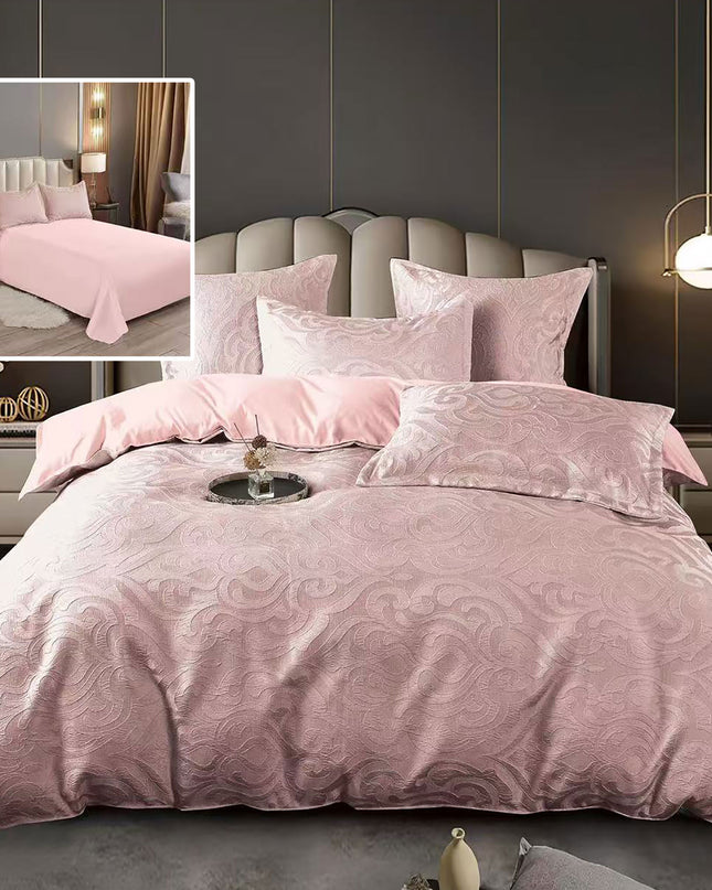 Lenjerie de pat Jaquard, din 6 piese, King Size, cutie cadou, 70% bumbac, 30% policoton, Roz deschis