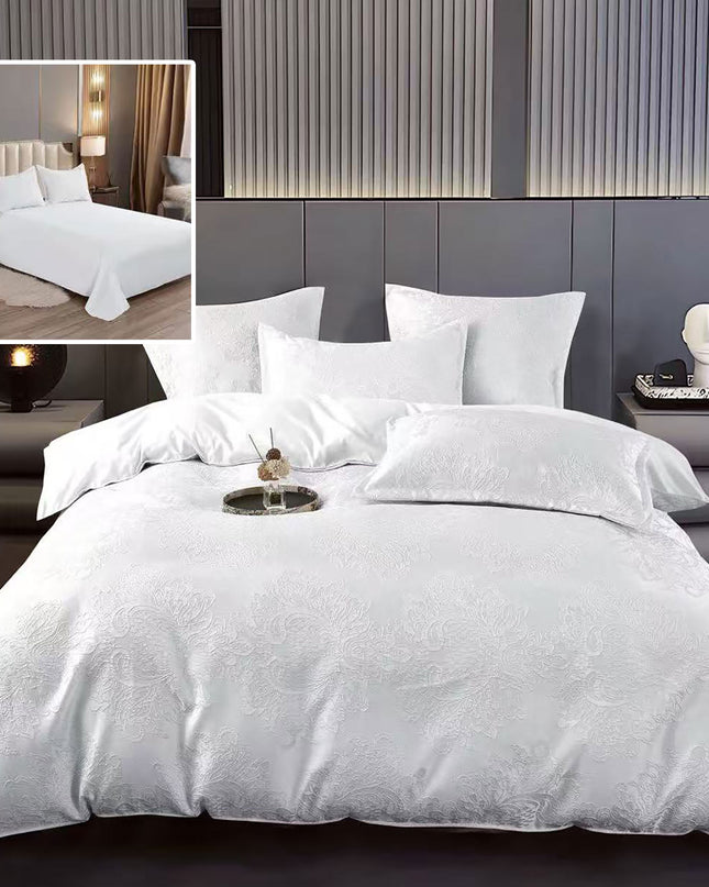 Lenjerie de pat Jaquard, din 6 piese, King Size, cutie cadou, 70% bumbac, 30% policoton, Alb