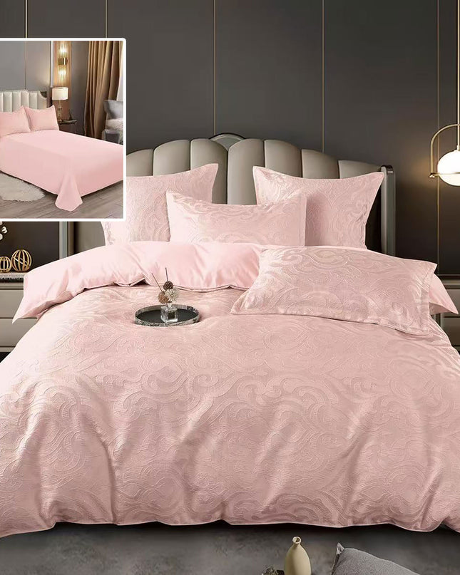 Lenjerie de pat Jaquard, din 6 piese, King Size, cutie cadou, 70% bumbac, 30% policoton, Salmon Pink