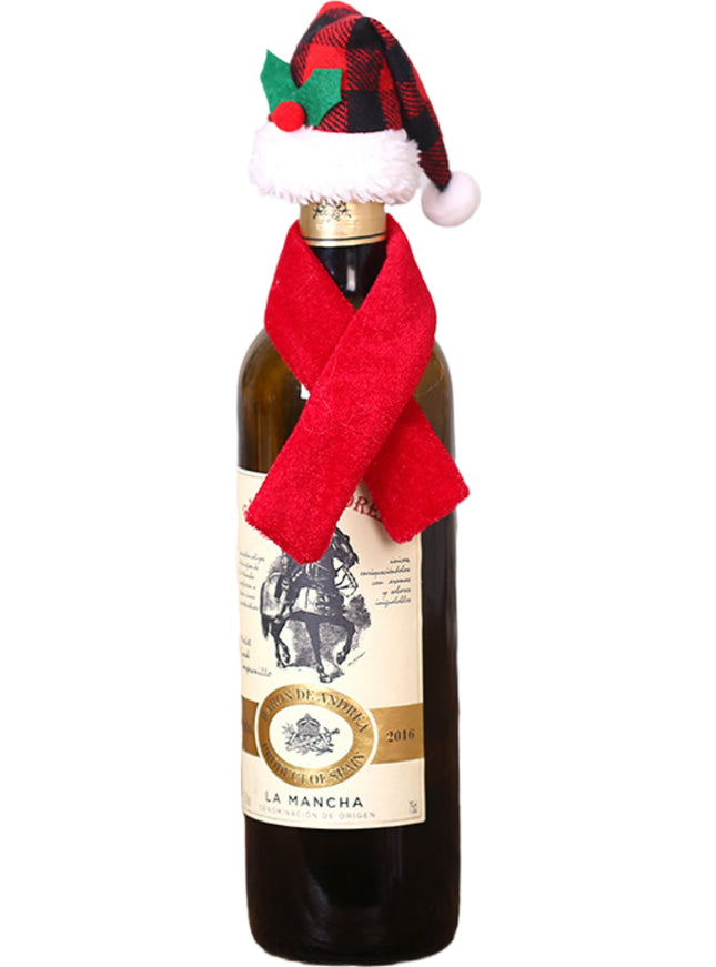 Set de 2 accesorii decorative pentru sticlele de vin, tematica de Craciun, material textil, Multicolor